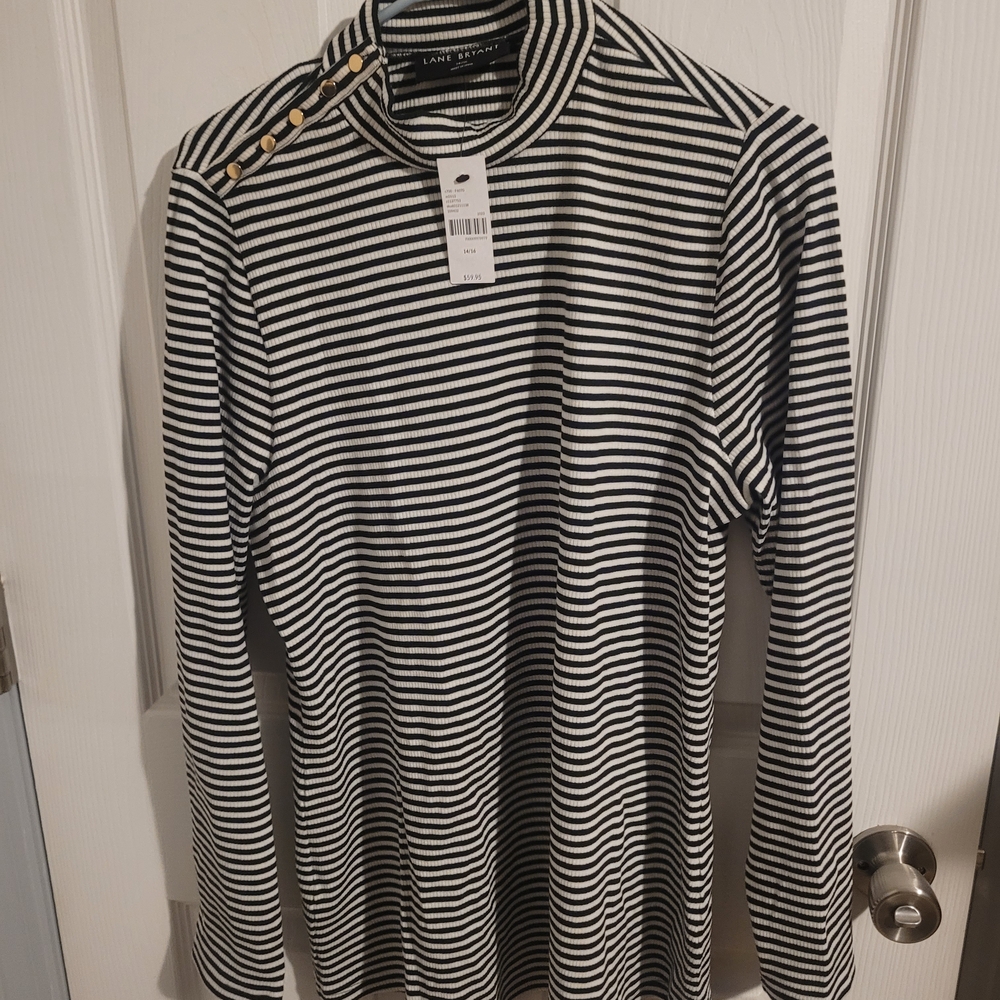 Lane Bryant Black and White Striped Long Sleeve Top with Gold Buttons